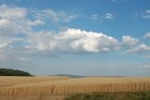 Feld mit Gewitterwolken